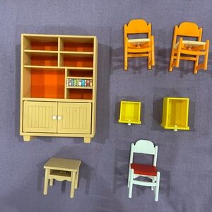 Vintage 1980's Tomy Smaller Home & Garden Dollhouse Living Room Bookcase chairs